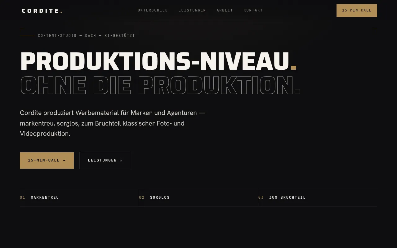 Startseite von cordite.studio – dunkles Agentur-Design