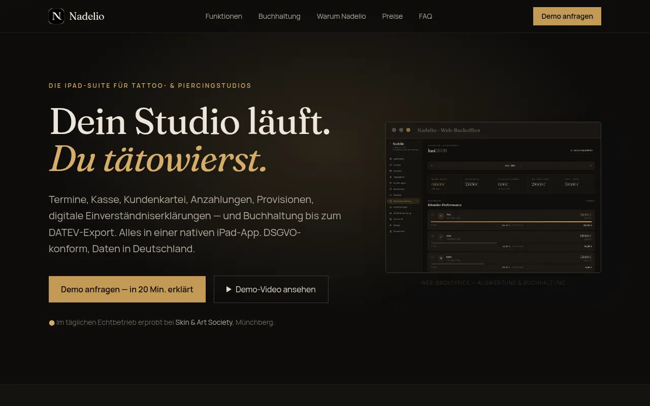 Startseite von nadelio.de – Produktseite einer Studio-Software